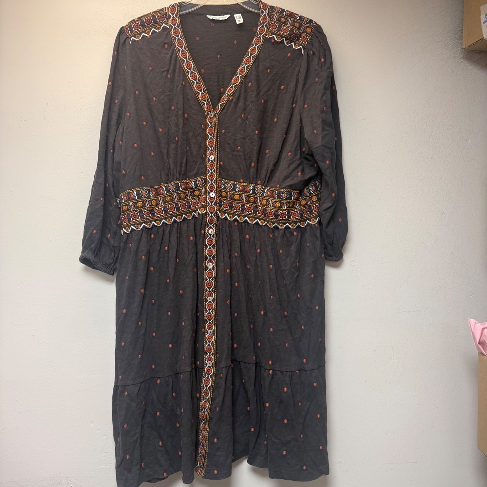 Canyon Retreat Midi Dress Womens 2XP Charcoal Gray Excellent Boho Embroidered